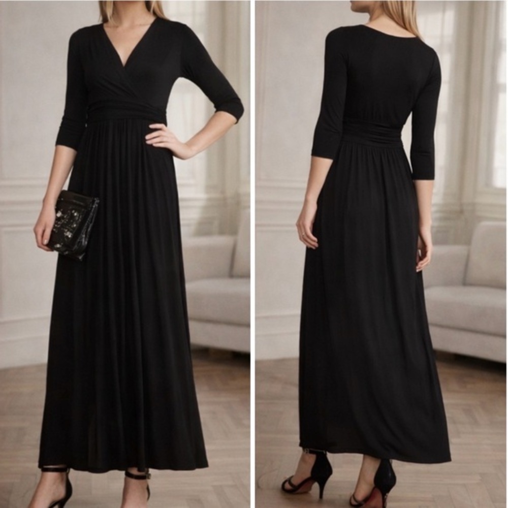 Bailey 44 Estrada Black V Neck Stretch 3/4 Sleeve Minimalist Maxi Dress